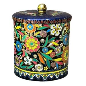 Vintage Boho Daher Tin Canister Bright Embossed Florals On Dark Blue & Black
